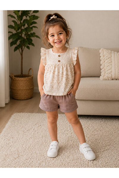 Melodikids Girls' Shorts Muslin Fabric Double Set