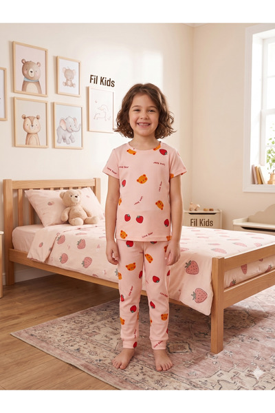 elmas kids Set de pijamale de vară pentru fete, 100% bumbac, culoare roz, cu ...