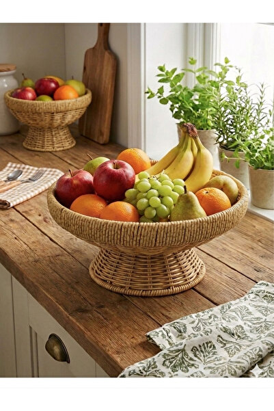 Ahşap Evi Hasır Rattan Yuvarlak 29 Cm Ayaklı Meyvelik Dekoratif sunumluk