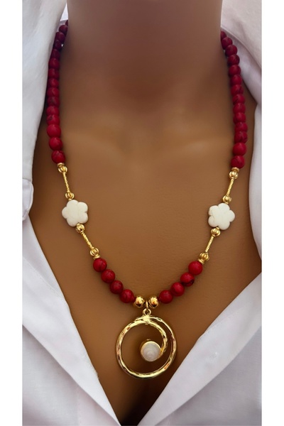 nevaastil takı & aksesuar Red branch coral natural stone eye design necklace