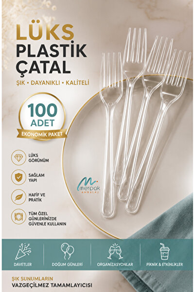 Merpak Ambalaj Lüks Plastik Çatal 100 Adet 1. Kalite Sert Kalın Şeffaf Çatal