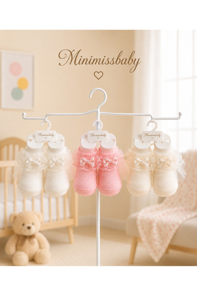 Minimissbaby 3-Piece Baby Girl Socks with Bow Detail, White Cream Pink