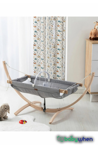 babywho Bw2110 - Ahşap Bebek Hamak Beşik - Sallanır Sabitlenir Hamak Beşik - Gri