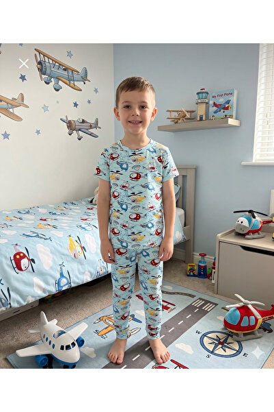 elmas kids 100% pamučna plava letnja pidžama za dečake sa uzorkom helikoptera...