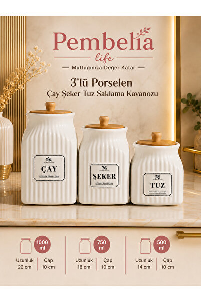 Kitchen Pembelia 3 Boy Porselen Bambu Kapaklı Çay Şeker Tuz Kavanoz Seti