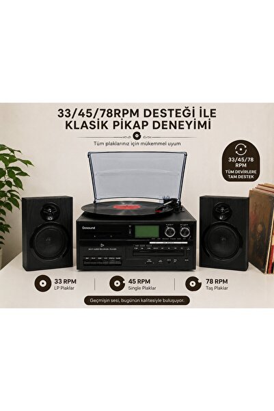 DOSOUND TR-18 Ahşap Hoparlörlü Pikap Çalar Kaset CD Bluetooth USB SD Müzik Sistemi