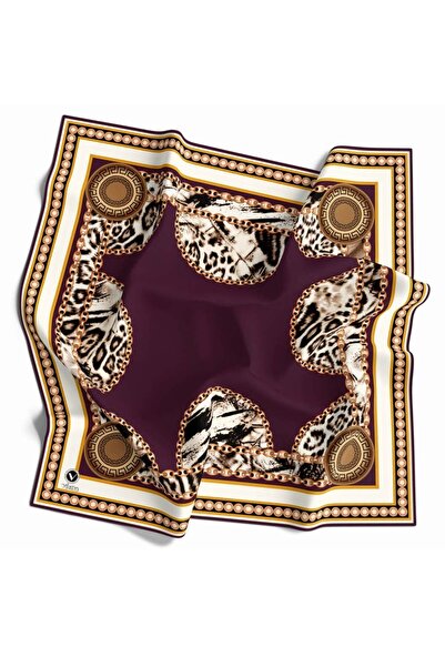 VİOLLA Kristal Zincirli Leopar Desenli Mürdüm Renkli 90x90 Eşarp (İpek İçerme...