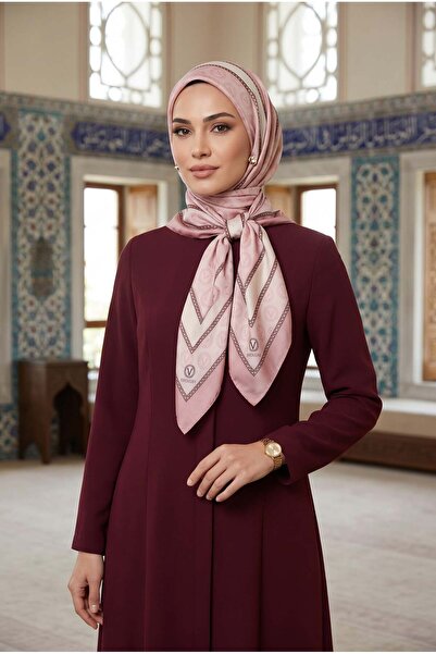 Vissona %100 İpek Monogram Desenli Pudra - Krem Renkli 92x210 Şal