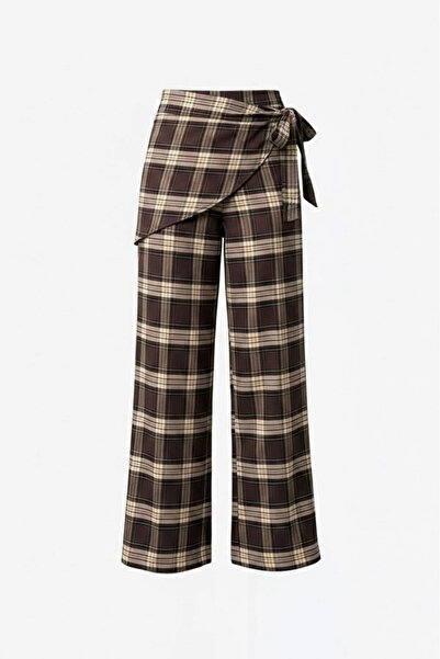 Elegance Scarf Pantaloni croiți cu detaliu eșarfă în carouri