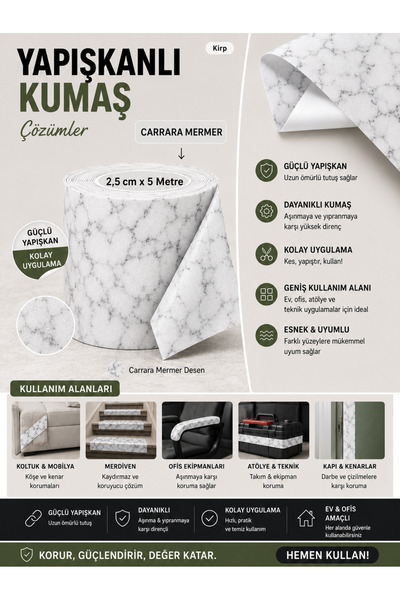 Aybas 2,5 cm x 5 Metre Carrara Mermer Desenli Yapışkanlı Kumaş Bant – Kendind...