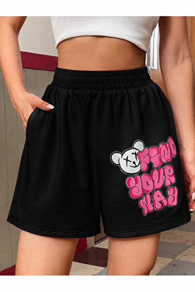 Adrift Qutie Slogan & Cartoon Graphic Slant Pocket Track Şort