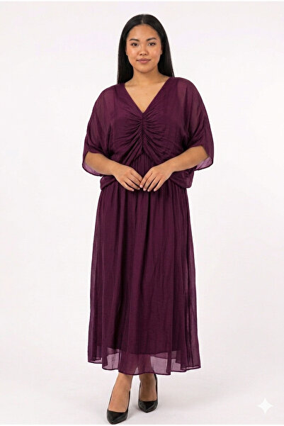 della moor Burgundy Italian Front Gathered Short Sleeve Long Lined Silk Dress...