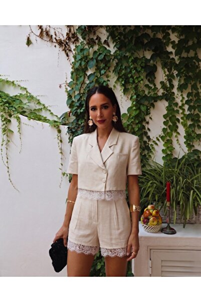 LOKADI Linen Lace Detailed Crop Jacket Shorts Set - Two-Piece Summer Stylish ...