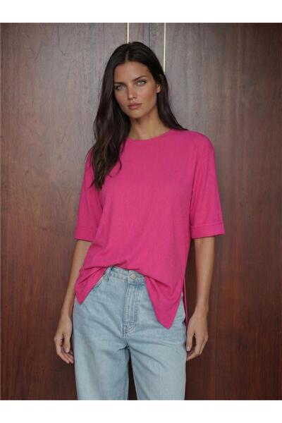 WeShaya Tricou din țesătură tricotată fucsia, cu mânecă scurtă, decolteu tip ...