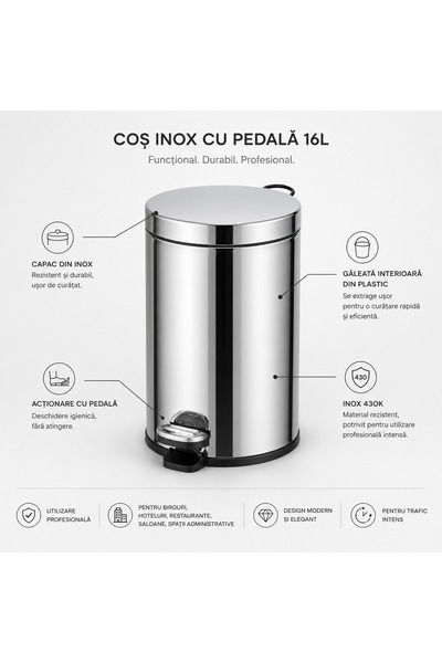 SMR Professional Hygiene Coș de gunoi din oțel inoxidabil cu pedală, 16 litri