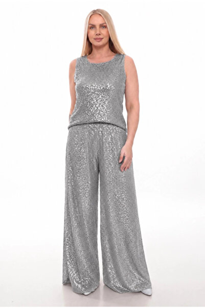 Lady Majestic Sequined Wide Leg Trousers Black Sparkling Evening Dress Palazz...
