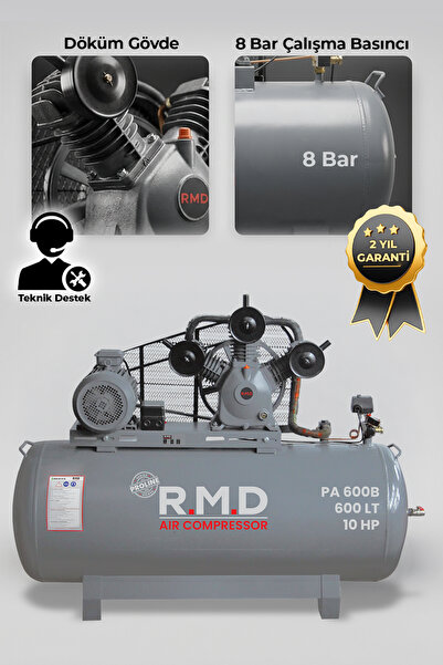R.M.D Kompresör Pistonlu Hava Kompresörü 600 lt 3 Kafa 8 Bar 10 Hp I PA600B
