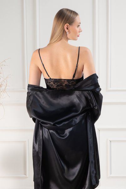 Lunoche Nightwear Women's Luxury Satin Guipure Lace Detailed Dowry Black Nightgown Dressing Gown Set
