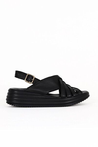 Bueno Shoes Sandale cu toc cu pană pentru femei din piele neagră 01we3201