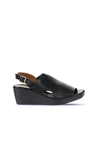 Bueno Shoes Black Leather Women's Wedge Heeled Sandals 01Wy2407