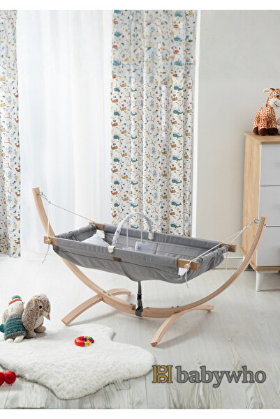 babywho Bw2110 - Ahşap Bebek Hamak Beşik - Sallanır Sabitlenir Hamak Beşik - Gri