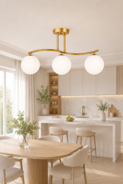 ESSLİGHT Maral 3’lü Eskitme Beyaz Camlı Modern Salon Mutfak Yatak Odası Avizesi