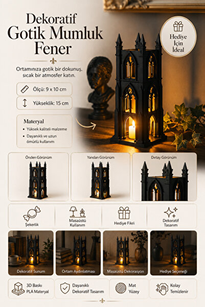 fao shop 7/24 Siyah Gotik Şato LED Mumluk, İskandinav Dekor Biblo, Dekoratif ...