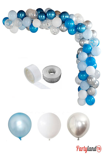 PartylandTR Frozen Konsept 75 Adet Metalik Mavi,gümüş,beyaz Balon ,5 Metre Ba...