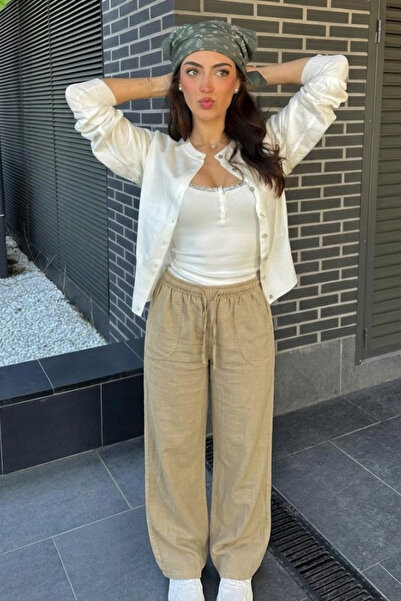 DAMGA JEANS Pantaloni de damă casual premium, largi, de vară, din in, bej