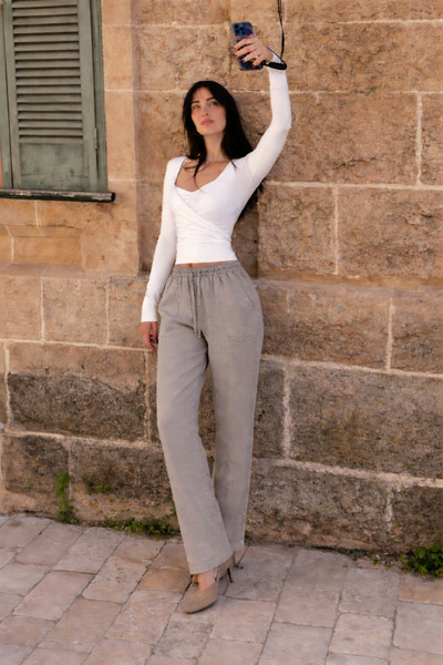 DAMGA JEANS بنطلون نسائي من الكتان باللون الرمادي بخصر مطاطي