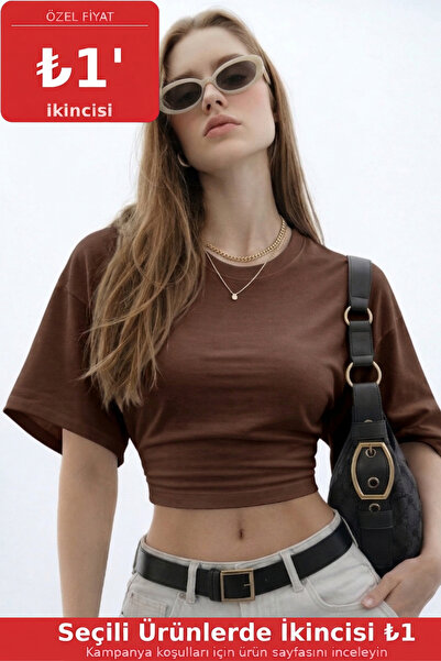 COMBİNE MİCHAİL Kadın Basic Bel Detaylı Kahve Crop Bluz
