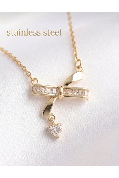 stainless steell 316L Gold Color Steel Chain Zircon Stone Heart Detail Bow Pe...