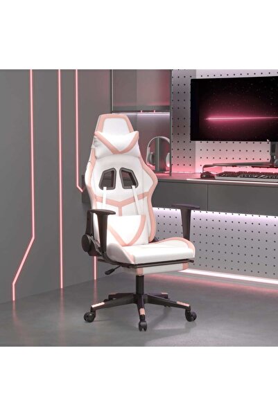 Concept Scaun de gaming cu suport picioare, alb/roz, piele ecologică