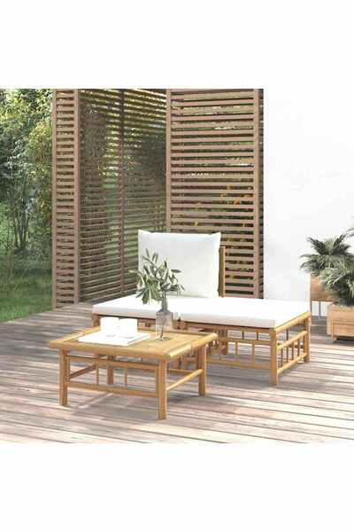 Concept Set mobilier de grădină, cu perne alb crem, 3 piese, bambus