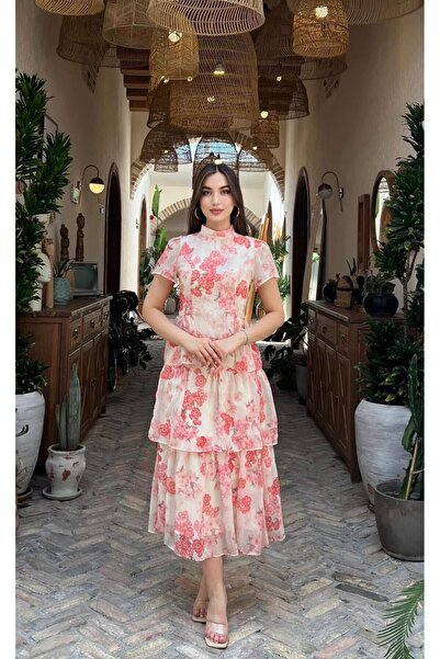 Moda Banuş Pink Sakura Flower Patterned Dress
