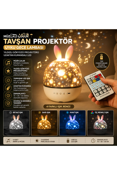 GreaTech Müzikli Çocuk Tavşan Projektör Uyku Gece Lambası Yıldızlı Gökyüzü Pr...