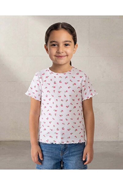REDTAG Girls White Floral Allover Print Rib T-Shirt with Frill Details
