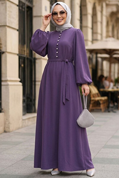 N.S NEVA STYLE فستان إسلامي بلون أرجواني غامق مع تفاصيل أزرار 10161KLILA