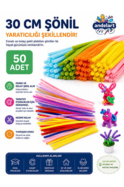 andelart 60’lı Renkli Tüylü Şönil Seti - 30 cm Esnek Tel Çubuklar - Okul Önce...