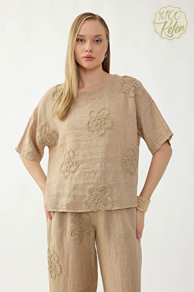 Vitrin 100% Linen Floral Motif Short Sleeve Blouse