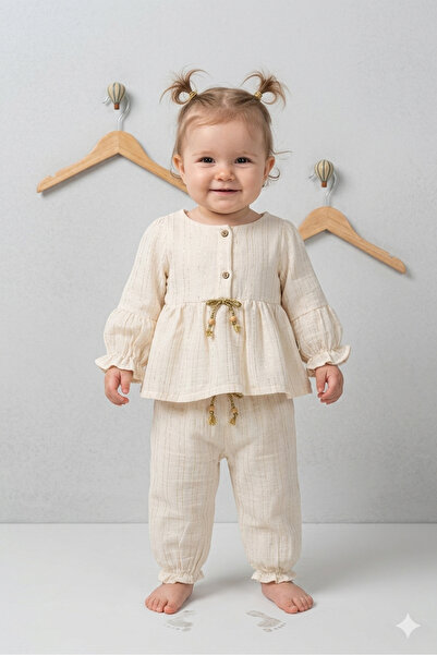 PİETRA BABY KİDS Ribbon-Detail Detailed Multi-Sleeved 100% Cotton Muslin Fabr...