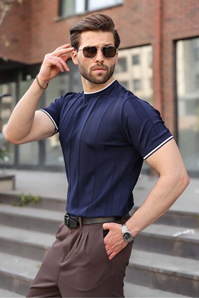 Madmext Ανδρικό μπλουζάκι Navy Blue Crew Neck Regular Fit Knitwear E7487