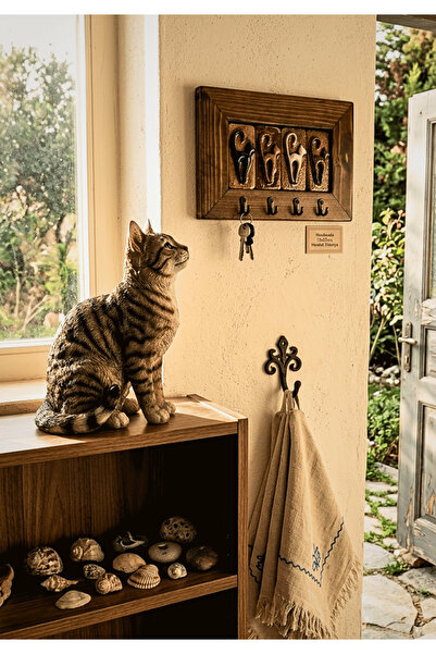 toprakanaart Rustik Bohem Kedi Temalı Duvar Anahtar Askılığı | El Yapımı Sera...