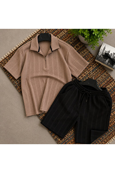 WENMİNG Men's Ottoman Fabric Zipper T-Shirt Shorts Summer Bottom Top Set