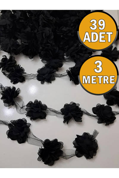 limitsizalisveris 39 Adet Siyah Lazer Kesim Gül 3metre Yapay Tül Çiçek Süslem...
