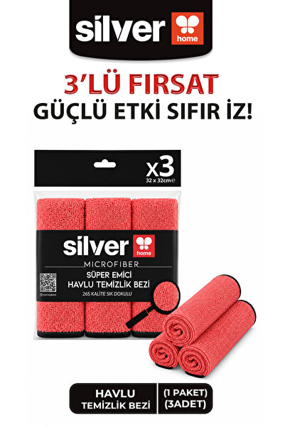 SİLVER HOME Mikrofiber Süper Emici 3'lü Havlu Temizlik Bezi-Kırmızı 32×32 Cm
