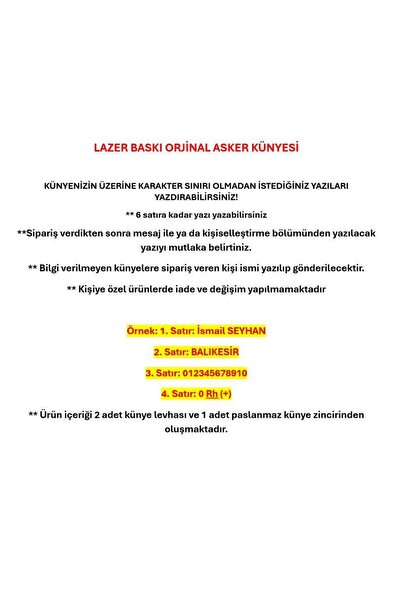 Seyhan Askeri Malzeme Orjinal Asker Künyesi - Lazer Kazıma - Army Dog tag