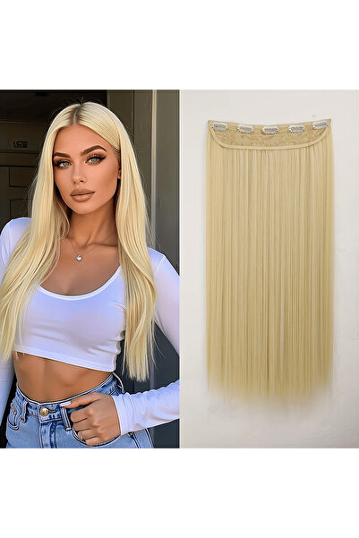 Zeysum Platin Sarı Yarımay Saç Düz Çıtçıtlı Postiş Takma Saç 60cm 140 gr Isıy...