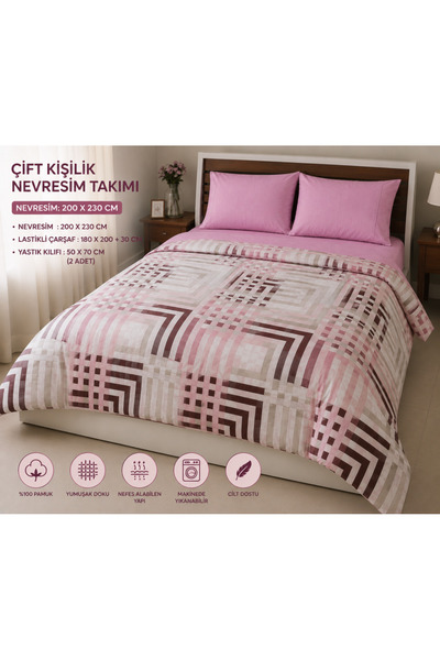 GÜZEL KAMAN Double Bedding Set Favora (Duvet Cover 200X230Cm Fitted Sheet 180...