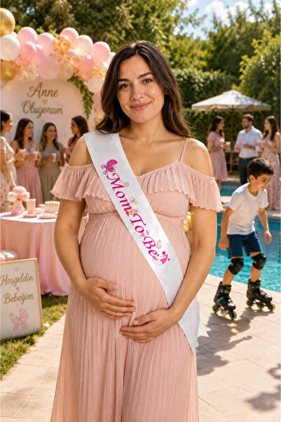 Parti dolabı Pembe Mom To Be Kuşak Beyaz Saten Üstü Anne Oluyorum Yazılı Baby...